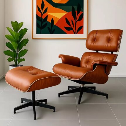 Eames Inspired Lounge Chair in Rosewood and Tan Brown | Black Base
